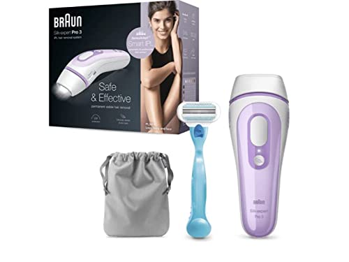 Braun Silk-expert Pro 3 Depiladora Mujer Luz Pulsada IPL y Maquinilla de Afeitar Venus, Depilación Permanente del Vello Visible en Casa, Unisex, PL 3011, Blanco/Lila